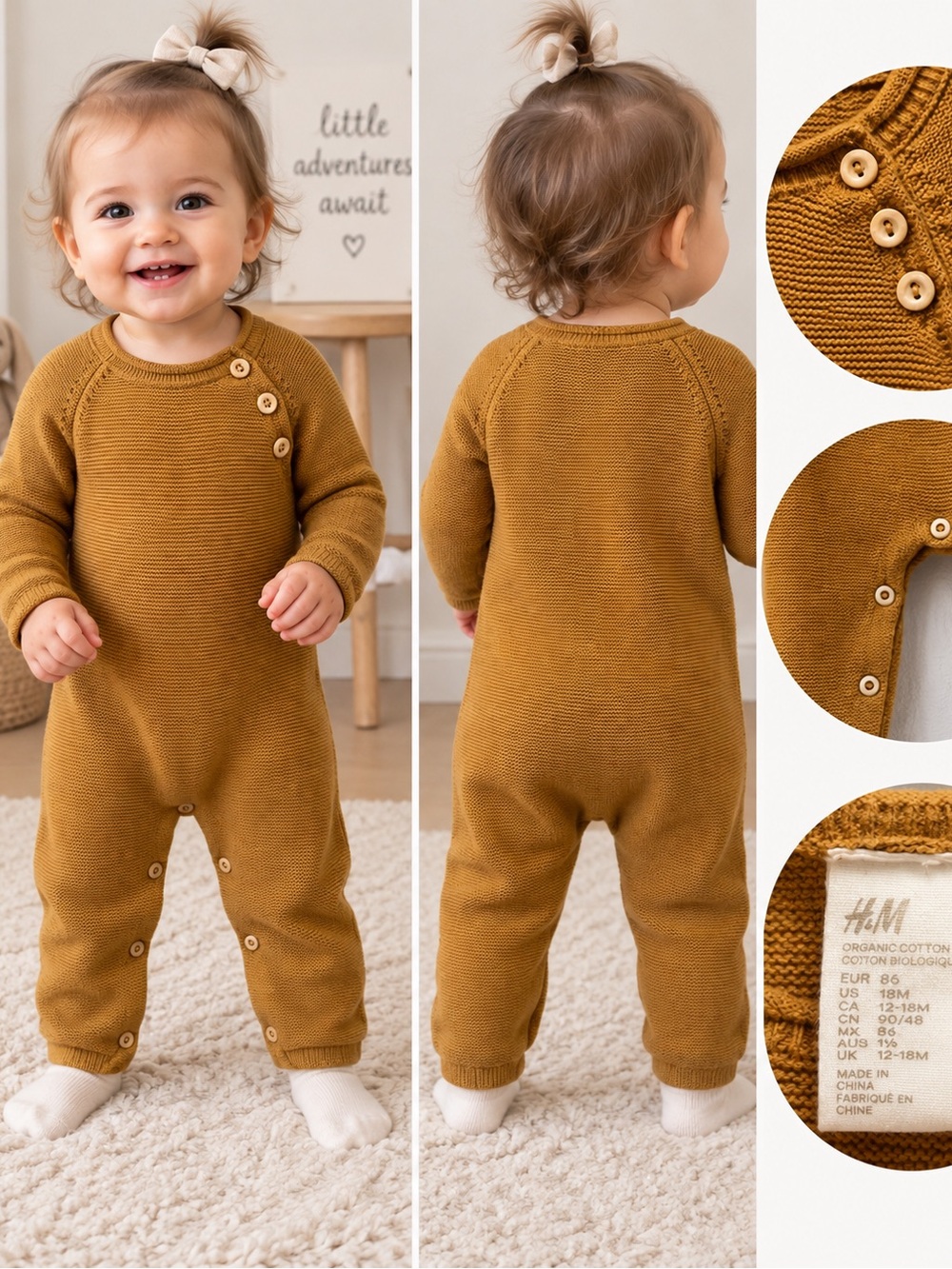 H&M Organic Cotton Baby Knit Romper Mustard Brown 12–18M Unisex